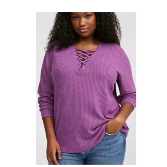torrid Tops - Torrid‎ Waffle Knit Lace Up V Neck Long Sleeve Top In Concord Grape NWT